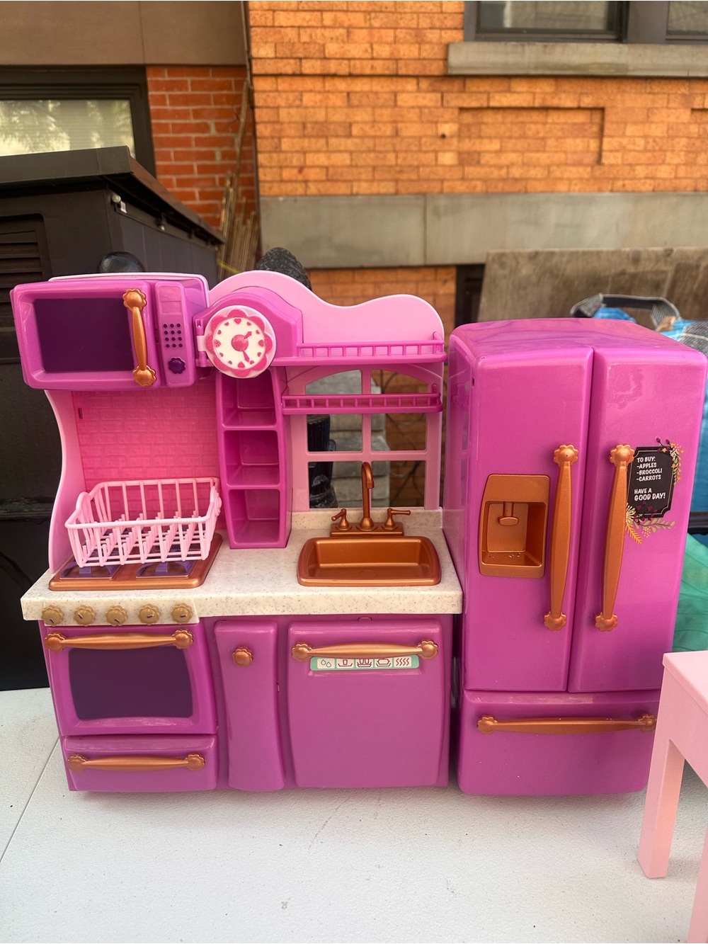 Pink Kids Doll-Sized Play Kitchen Set with Fridge and Microwave